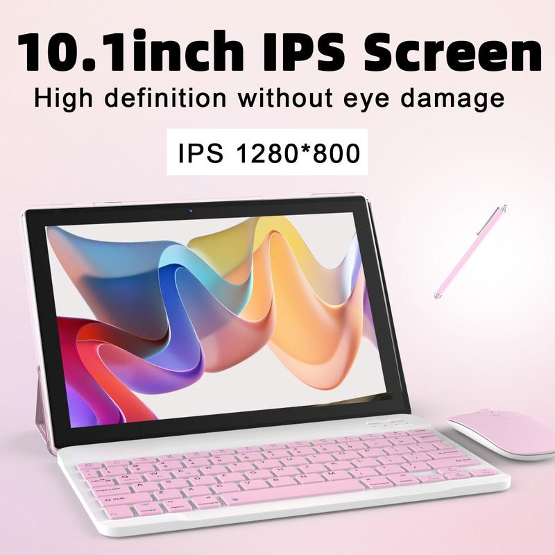 10.1 inch Android 12 tablet, newest 2 in 1 Tablets, 4GB RAM + 64GB ROM quad-core processor, 1280*800 FHD tableta with keyboard mouse Case stylus tempered film, 8MP dual camera 6000mAh battery 10 