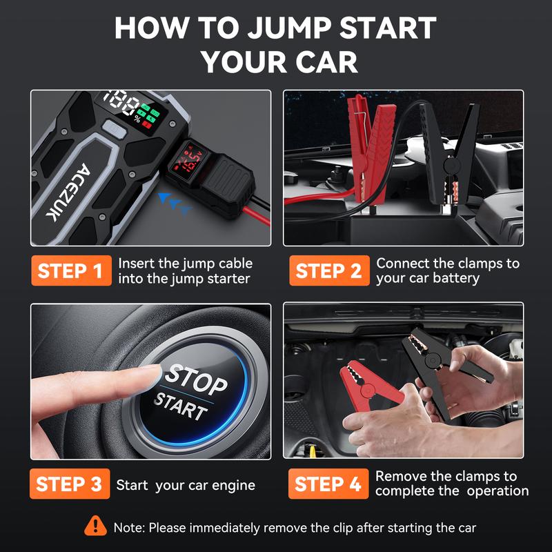 8000A Peak Jump Starter （10.0 Gas 8.0L Diese)   Multi-Function Car Backup Battery Jump Starter with Jump Box, Light, and USB Port. Jump Starter