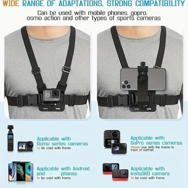 Adjustable Chest Strap Belt for Most Sports Cameras - Mobile Phone Chest Mount Harness for Hands-Free Photography - Stand