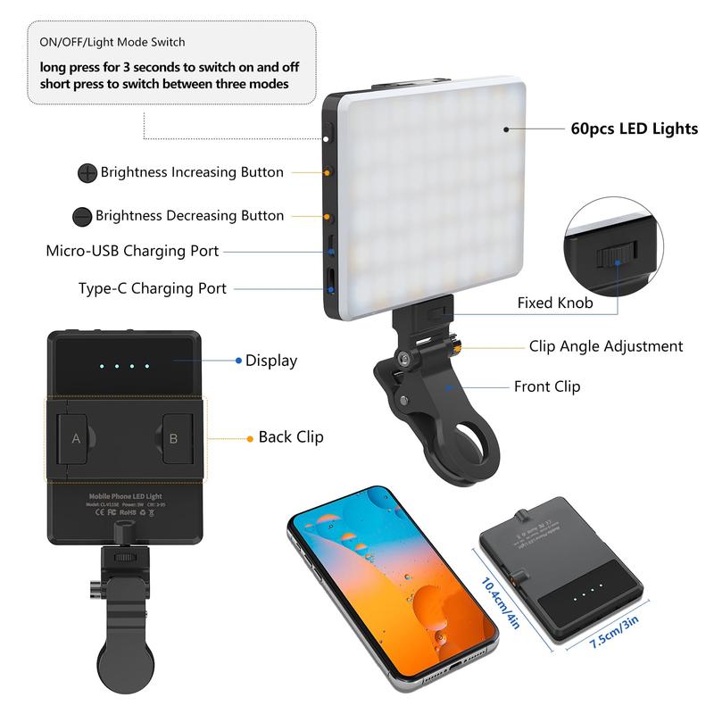 Selfie Light, Phone Light with Front & Back Clip, 60 LED Portable Light with 3 Light Modes, 3000mAh Rechargeable Video Light for Phone, iPhone, IPad, Laptop, Makeup, Live Stream, Vlog