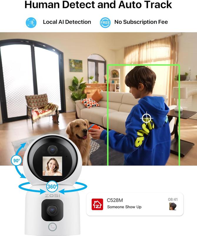 ZOSI 2K Dual-Lens Indoor Security Camera, Two-Way Video, Gesture One-Touch Calling, Human Motion Tracking, C528M 360° Views Pan Tilt Home Baby Pet Dog Monitor, 2.4G 5G Dual-Band WiFi, Plug-in motion detection