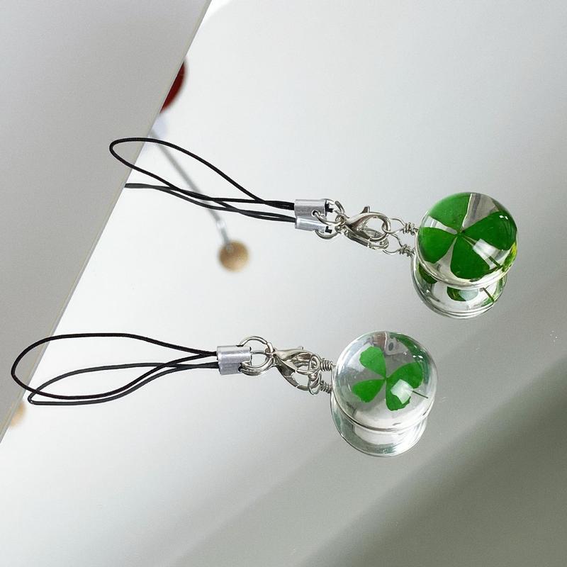 Four-leaf Clover Design Phone Chain, 2 Counts pack Round Glass Pendant Phone Lanyard, Phone Strap for Women & Girls, Mobile Phone Decoration Accessories