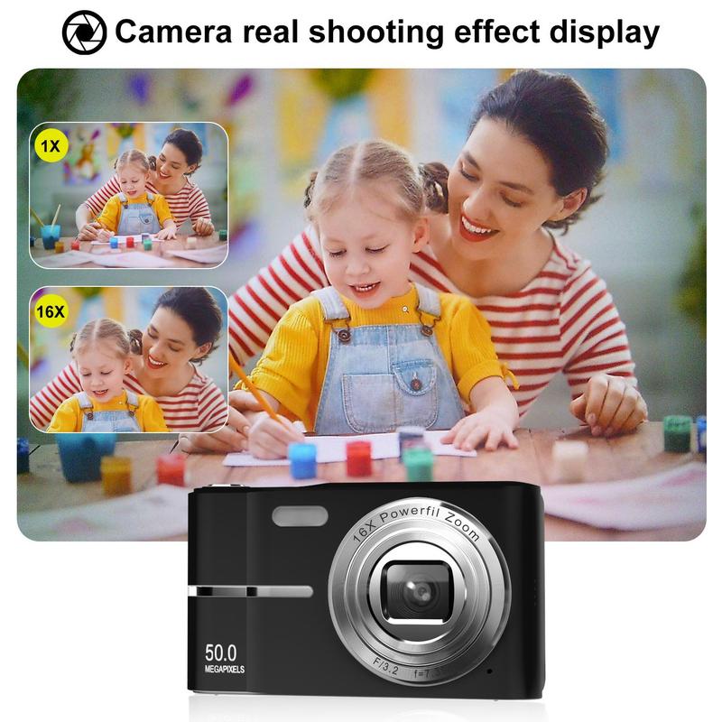 FHD 1080P Digital Cameras with SD Card, 16X Digital Zoom Camera, Portable Mini Digital Camera for Students Boys Girls