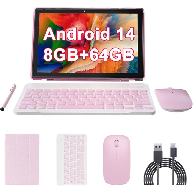 10 inch Android 14 Tablet with Keyboard, 2 in 1 Tablets Set Include Case  Stylus, 8GB RAM+64GB ROM, Quad Core 10.1'' Tab, 6000mAh , 8MP Dual Camera,  GMS Certification Tableta