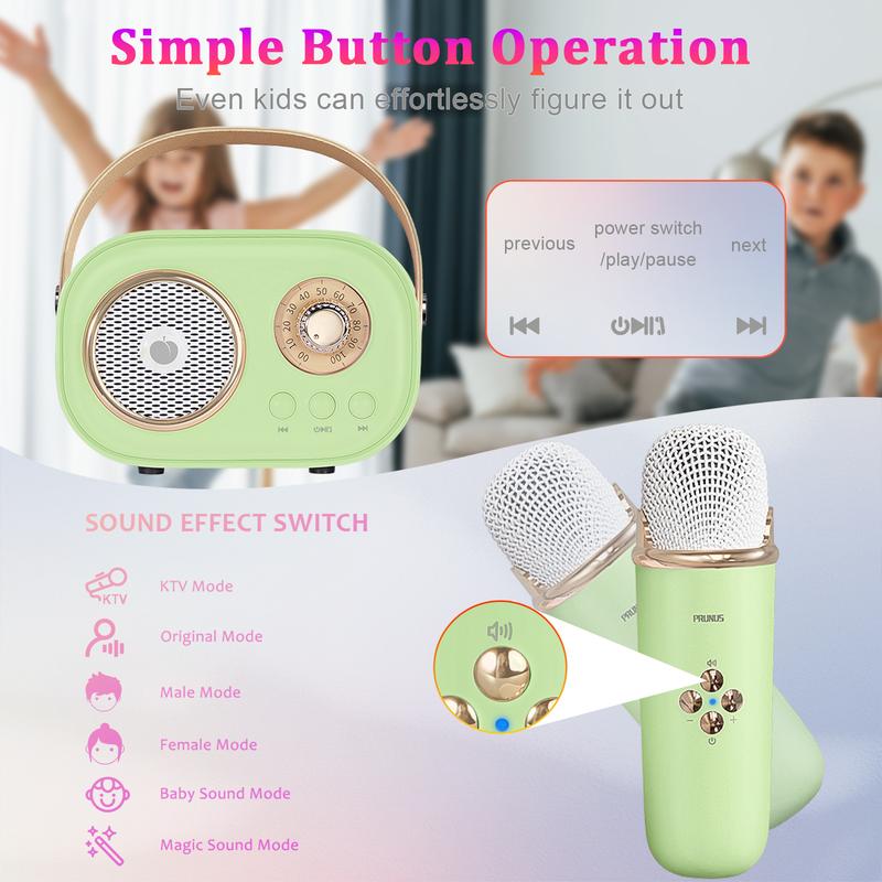 PRUNUS C20 Mini Karaoke Machine Portable Bluetooth Speaker with Wireless Microphone 6 Sound Modes for Kids Home Party Birthday Gifts for Girls Boys