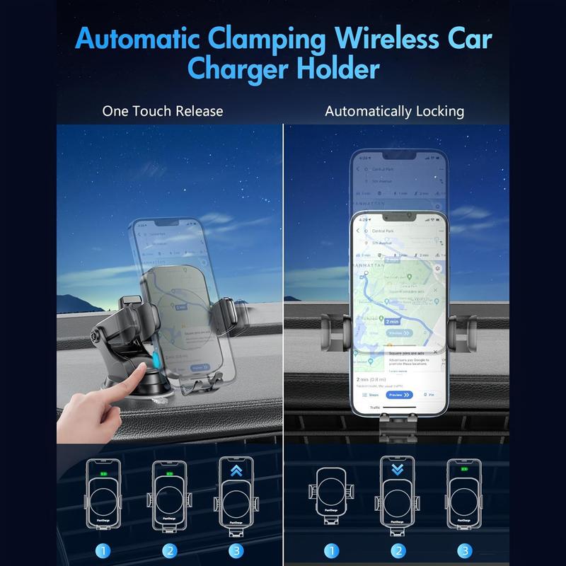 Wireless Car Fast Charger, 15W Fast Charging Stand, Automatic Clamping 360 Degree Adjustable Phone Holder, Suitable for iPhone Samsung Smartphone