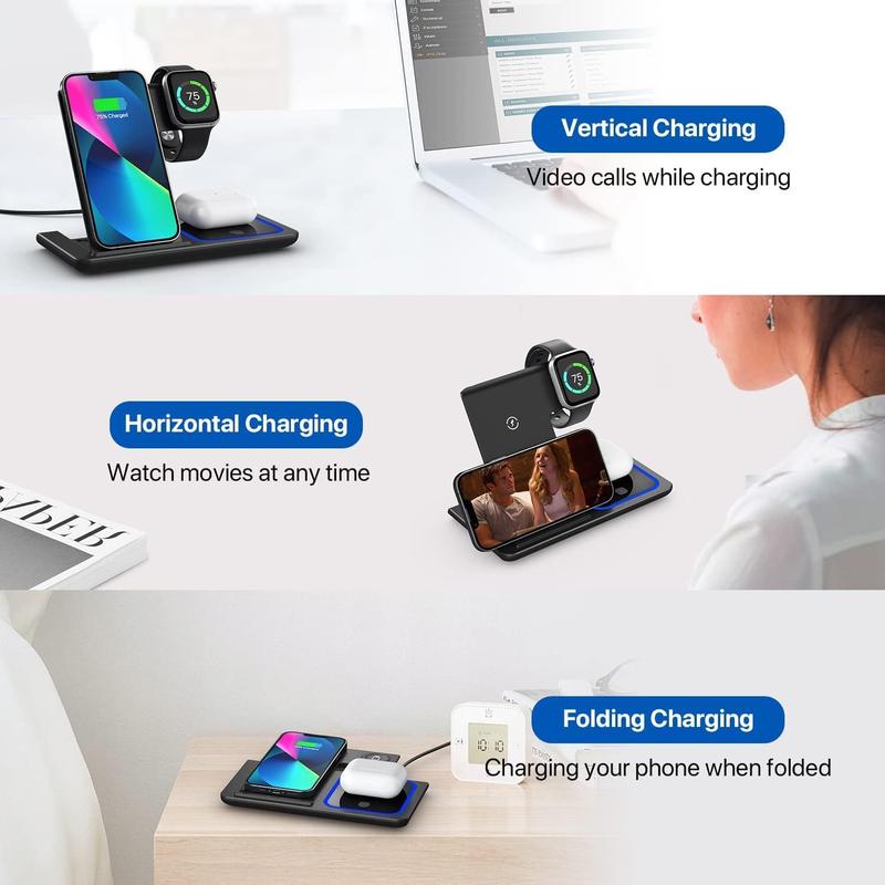 WHATOOK Wireless Charger Stand for iPhone 15 14 13 12 11 Pro Max XR XS 8 Plus, for Apple Watch 8 7 6 5 4 3 2 SE, and AirPods Pro 3 2 - 3 in 1 Wireless Charging Station for Smartphone and Cellphone