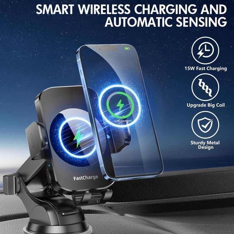 Wireless Car Fast Charger, 15W Fast Charging Stand, Automatic Clamping 360 Degree Adjustable Phone Holder, Suitable for iPhone Samsung Smartphone