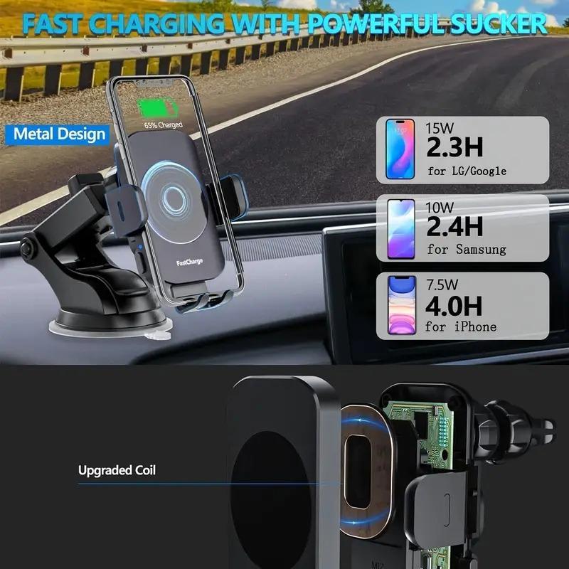 Wireless Car Fast Charger, 15W Fast Charging Stand, Automatic Clamping 360 Degree Adjustable Phone Holder, Suitable for iPhone Samsung Smartphone