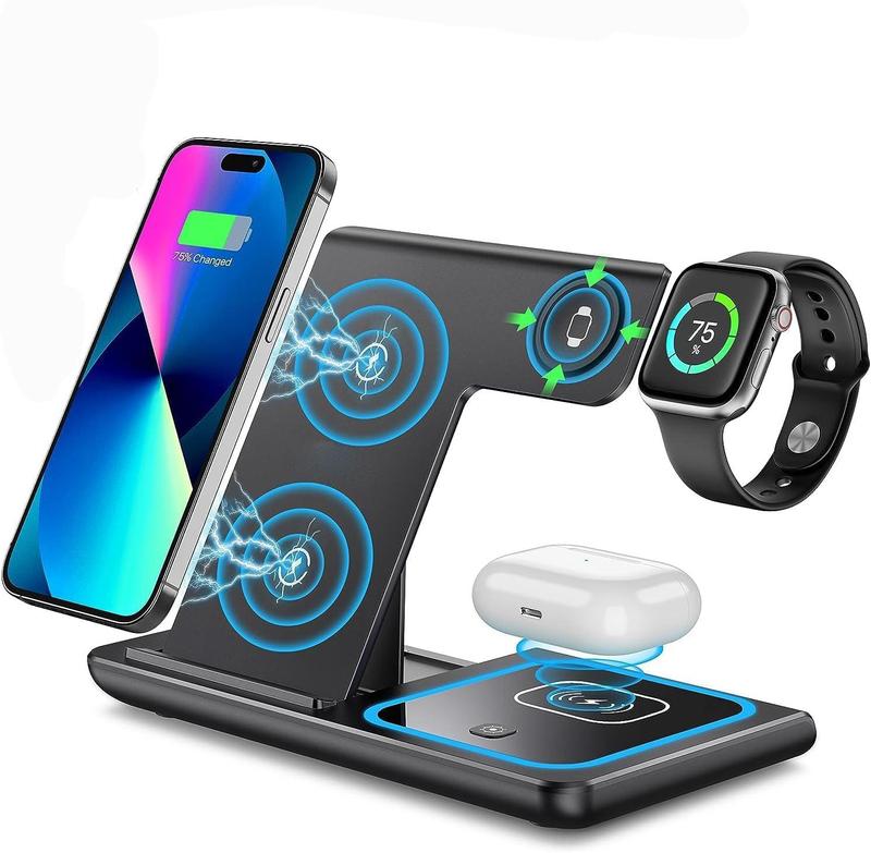 WHATOOK Wireless Charger Stand for iPhone 15 14 13 12 11 Pro Max XR XS 8 Plus, for Apple Watch 8 7 6 5 4 3 2 SE, and AirPods Pro 3 2 - 3 in 1 Wireless Charging Station for Smartphone and Cellphone