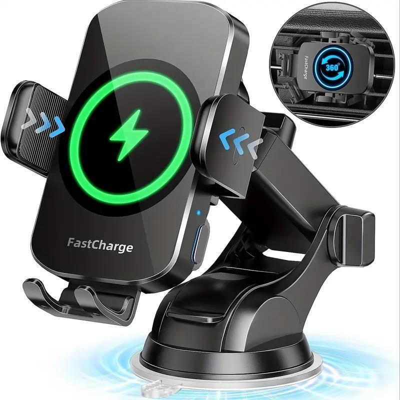 Wireless Car Fast Charger, 15W Fast Charging Stand, Automatic Clamping 360 Degree Adjustable Phone Holder, Suitable for iPhone Samsung Smartphone