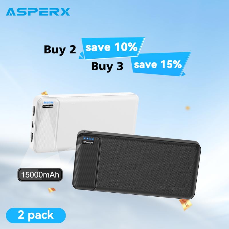 AsperX 15000mAh Power Bank [2 Pack] Portable Charger with Four Ports, Charging Three Devices at once,  External Battery Pack for  iPhone 16 15 14 13, Samsung Series, Bluetooth Device accessories Smartphone Usb Chargeable, Christmas Gifts 2024