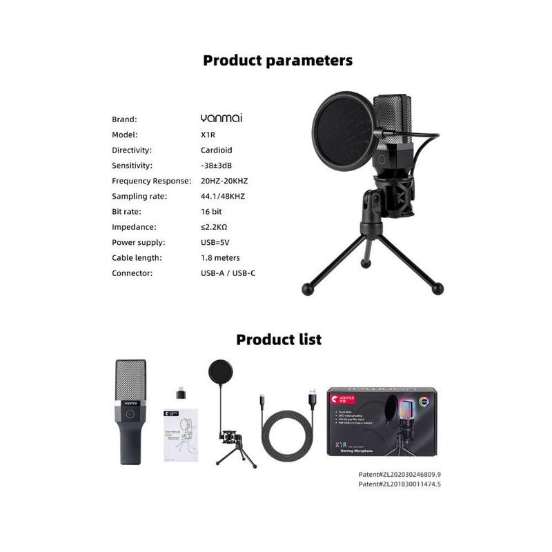 YANMAI Professional RGB Gaming Microphone, USB Wired Microphone Gaming with Tripod Microphone Stand & Mic Cover & Microphone Condenser, Portable Microphone for Music Recording, Live Streaming, Podcast Broadcast