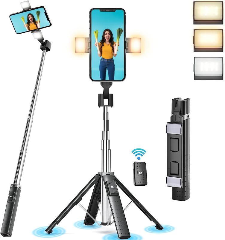 [Fast Delivery] 41” Selfie Stick Tripod with 2 Rechargeable Fill Light for iPhone & Android Smartphones - Compact, Portable & Remote Controlled