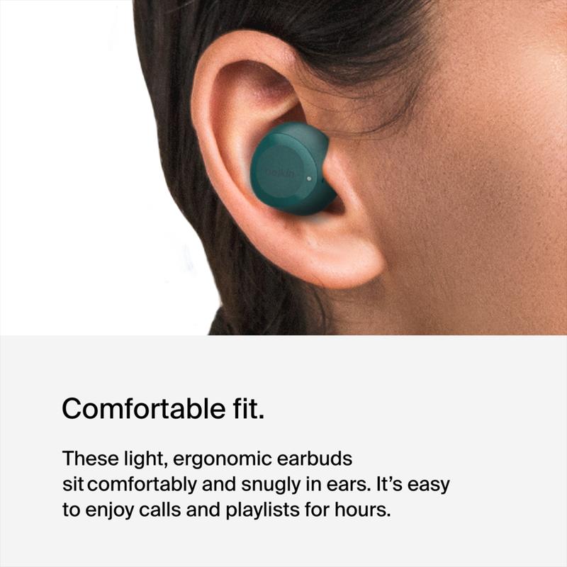 Belkin SoundForm Bolt True Wireless Earbuds, Comfortable Ear buds, High Fidelity Sound, 28 Hours, Switch Devices w  Bluetooth 5.2, IPX4 sweat & water resistant, Mono Mode to extend battery and stay alert, Charging Case Incl, Black, White, Lavender & Teal.