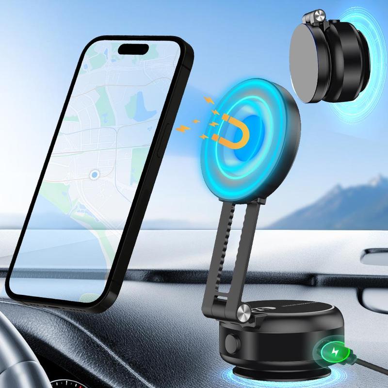 Foldable & 360° Rotatable Magnetic Car Phone Mount, Dual Stable Base Magnetic Car Suction Cup Adhesive Phone Holder for Most Cell Phones, Car Magnetic Phone Holder