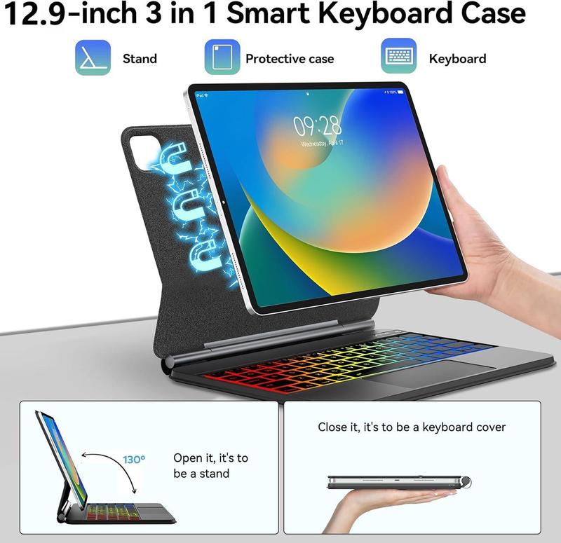 Bluetooth Trackpad Keyboard Case for iPad Pro 12.9 inch Generation, Shockproof Tablet, Smart Backlight Keyboard Cover Magnetic Folio Smart Ipad Bundle