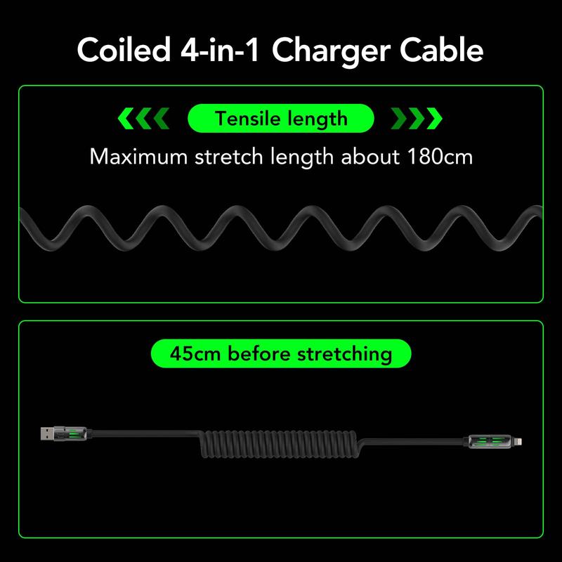 MFish 4-in-1 Coiled Universal USB Charger Cable ️-240W Fast Charging & Data Sync for iPhone 16 15, iPad Pro, Samsung & Laptops Smartphone Cellphone