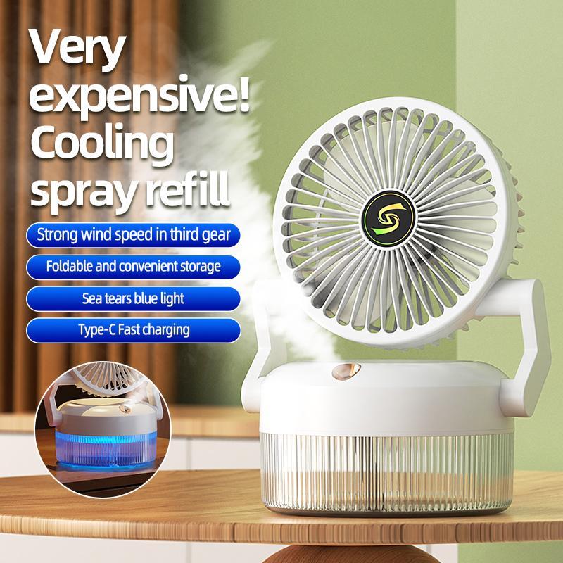 Portable Foldable Air Conditioning Fan for Summer, 3 Speed Fan with Spray Mode, USB Rechargeable Fan with LED Night Light, Small Air Cooler for Outdoor Home Office Desktop