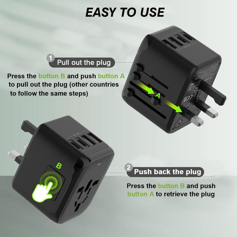 RGS Universal Travel Adapter International Power Plug with USB-C and USB-A Ports All-in-One Worldwide Wall Charger for USA EU UK AUS Cellphone