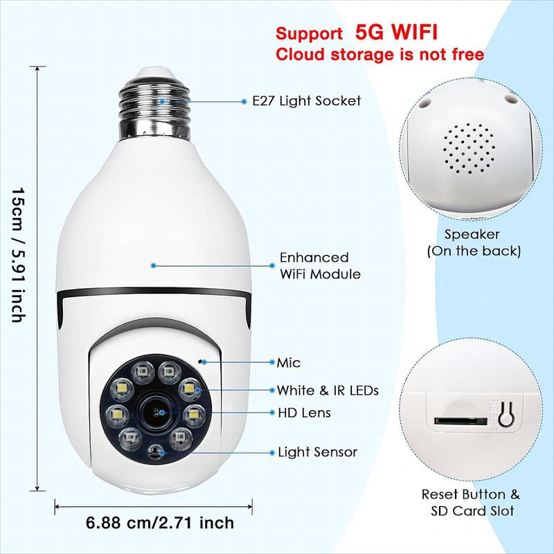 5G WiFi Remote Surveillance Camera, E27 Socket Security Camera with TF Card, 360-Degree Panoramic Camera for Home, Office, Factory Monitoring