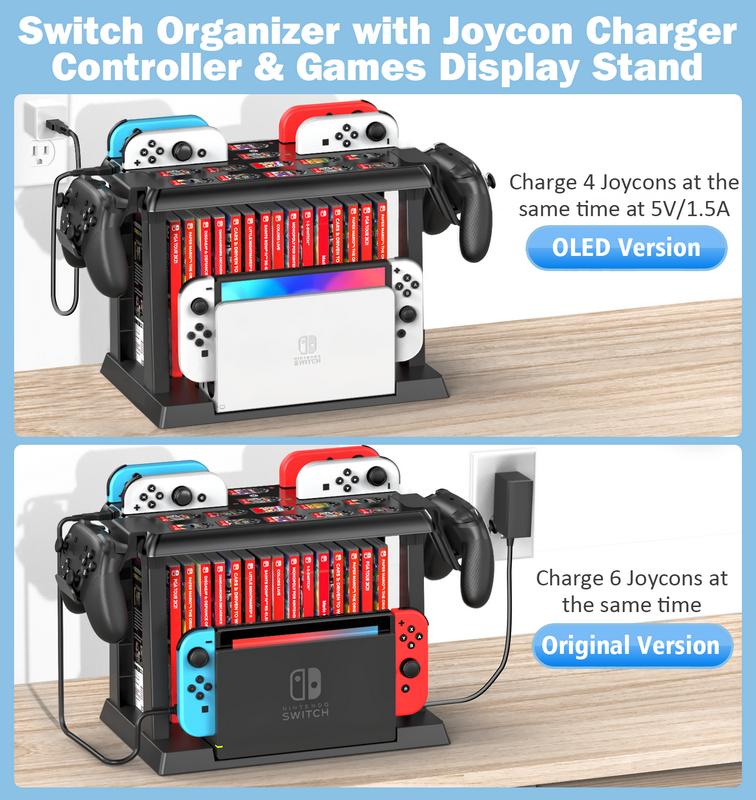 Switch Games Organizer Station with Controller Charger, Charging Dock for Switch & OLED Joycons, Switch Mounts, Brackets & Stands for Games, TV Dock, Pro Controller, Accessories Kit Storage