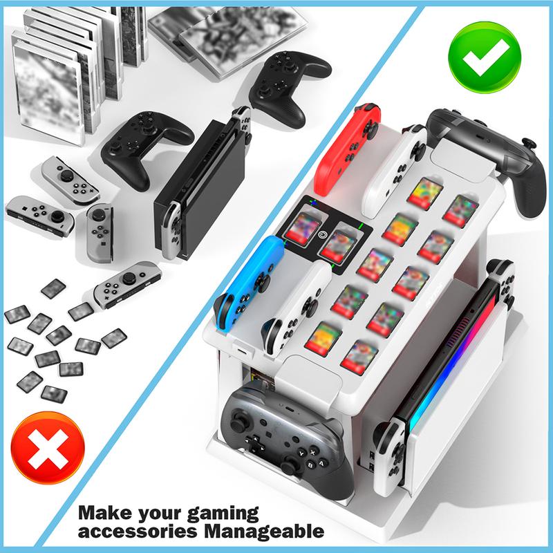 Switch Games Organizer Station with Controller Charger, Charging Dock for Switch & OLED Joycons, Switch Mounts, Brackets & Stands for Games, TV Dock, Pro Controller, Accessories Kit Storage