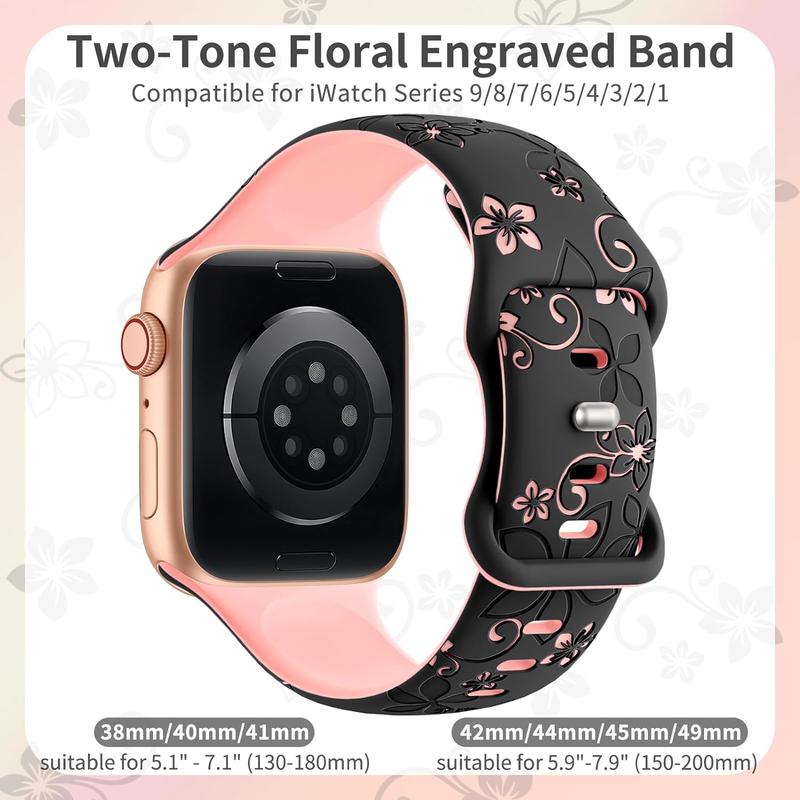 Floral engraved bands compatible with Apple Watch band 41mm 40mm 44mm 45mm 42mm 38mm 49mm 46mm for women, cute flower iWatch bands soft silicone sport strap for iWatch series se 10 9 8 7 6 5 4 3 Ultra