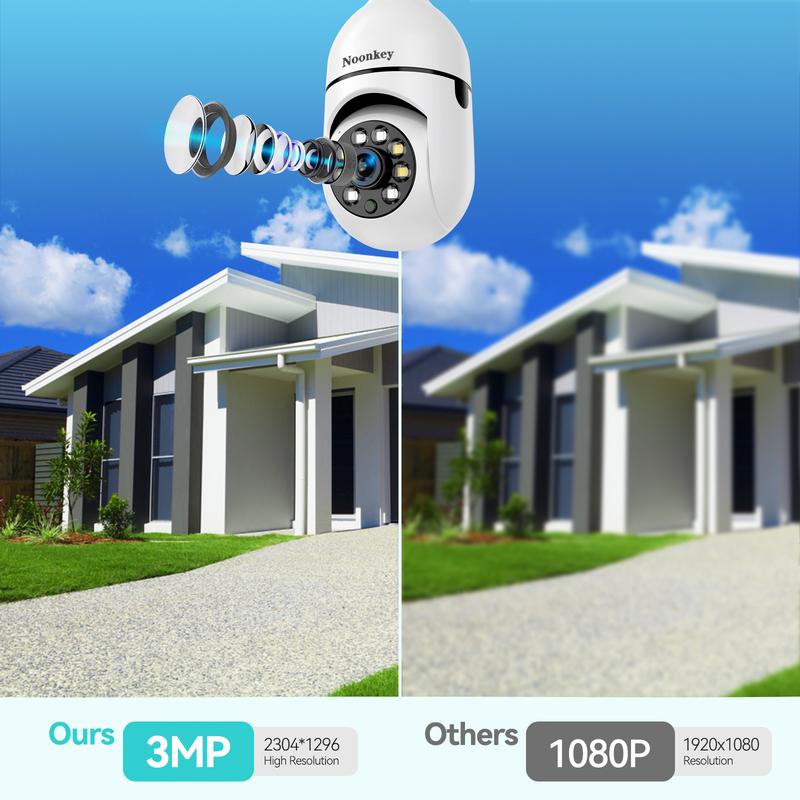 Noonkey Bulb Security Camera 2.4 5Ghz-3 Megapixel Indoor Outdoor Full Color Day Night Camera, Motion Detection, Sound & Light Alarm, Two-Way Audio, Home Yard Store Only Camera Wireless Socket Surveillance Camera Remote Phone