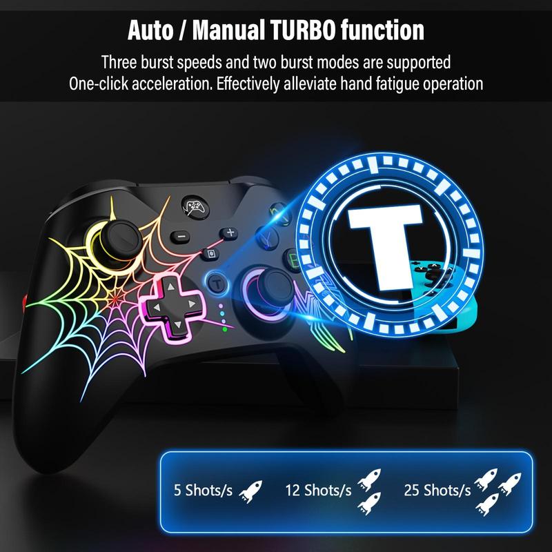 Spider Pattern Wireless Gaming Controller, 9 RGB LED Lights Gamepad, Ergonomic Design Controllers for Multiple Devices, Console Accessories