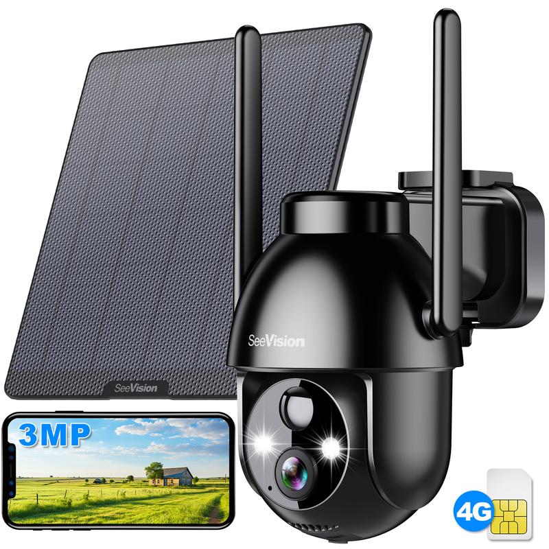 SeeVison 4G LTE Cellular Solar Security Cameras Wireless Outdoor, Solar Powered 3MP Camera 2K Security Camera for No WiFi, PIR Motion Detection,Siren,Color Night Vision, SD Cloud Storage (SIM Card Included)