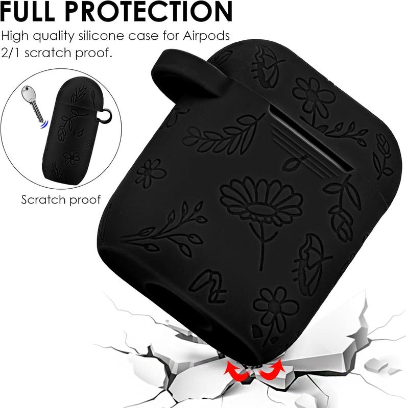 Airpods Case,  Flower Engraved Protective Case Cover  Airpod 2 1  Cover with Keychain for Women Girls (Black)