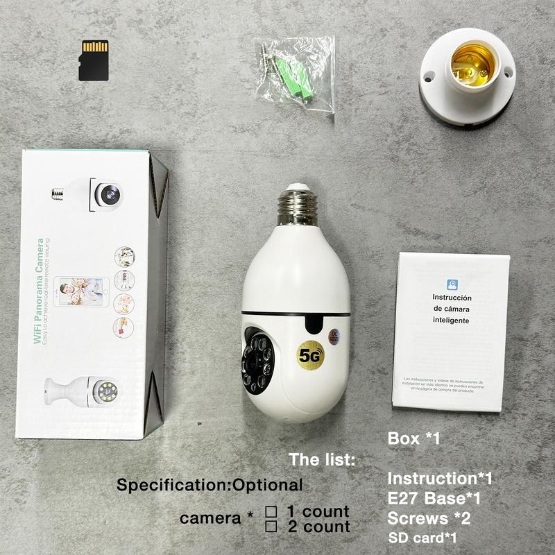 5G WiFi Remote Surveillance Camera, E27 Socket Security Camera with TF Card, 360-Degree Panoramic Camera for Home, Office, Factory Monitoring