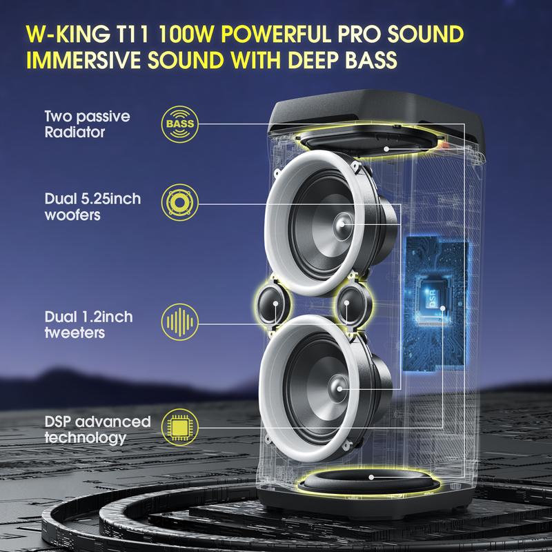 W-KING 100W Bluetooth Speakers V5.3 IPX6 Waterproof Portable Loud Wireless Speaker with Deep Bass 110dB Huge Sound DSP, Karaoke Outdoor Boombox with Lights Mic & Guitar Port Echo USB Port EQ