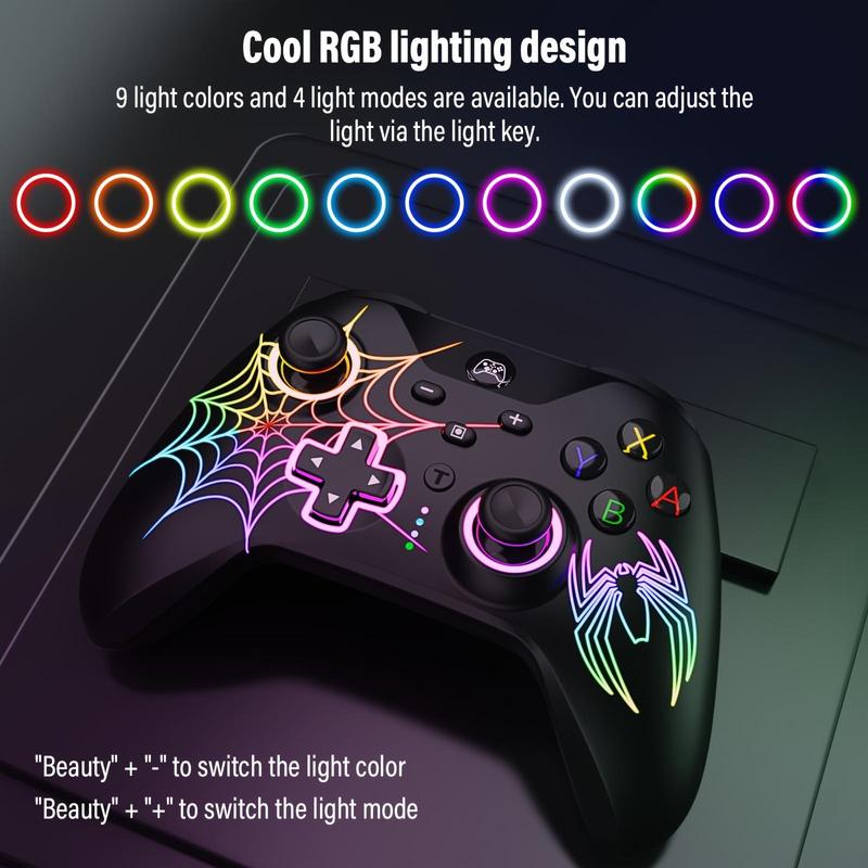 Spider Pattern Wireless Gaming Controller, 9 RGB LED Lights Gamepad, Ergonomic Design Controllers for Multiple Devices, Console Accessories