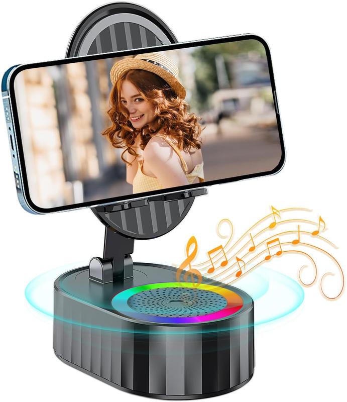 AKLLCCR Wireless Induction Audio Bluetooth Speaker 5in1 Phone Holder Emergency Rechargeable (3000mAh) Portable Power Tablet Stand With Colorful Ambient Light 300° Foldable for iPhone Android Non-Slip Base, Unique Cool Gadget Tech Gifts For friend, family