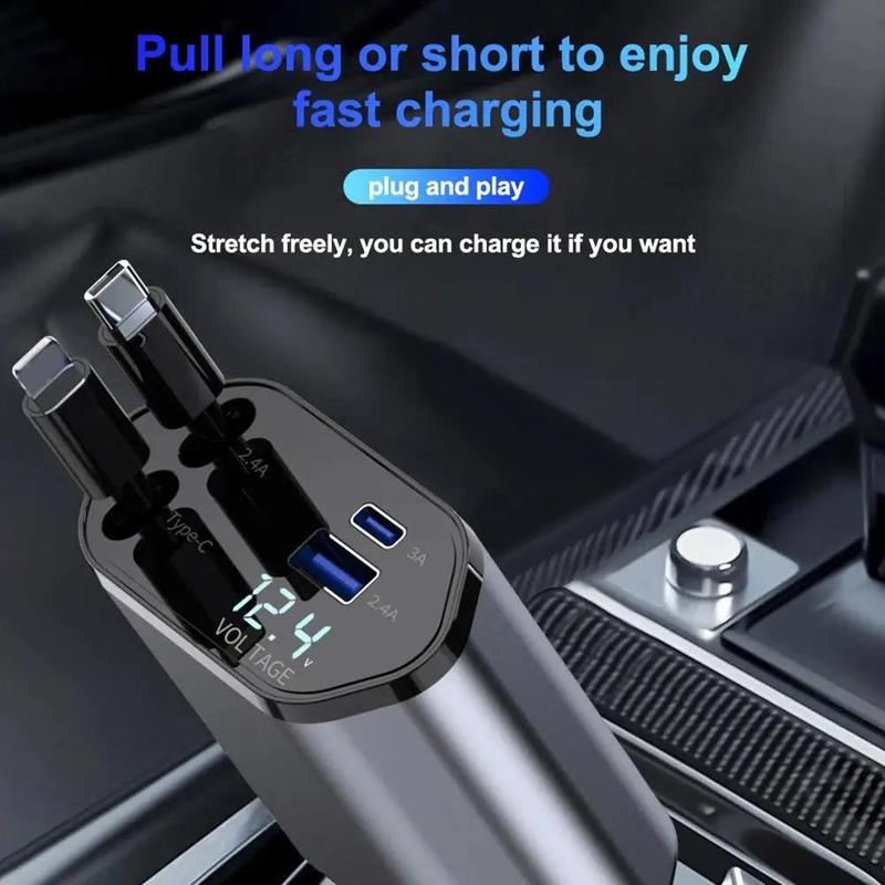 Portable Charger for Car, USB PD Retractable Car Charger for iPhone Android, Multi-functional Car Phone Charger with Digital Display, 4 In 1 Car Charger, Car Charging Station with Retractable Cable, Universal Car Charger