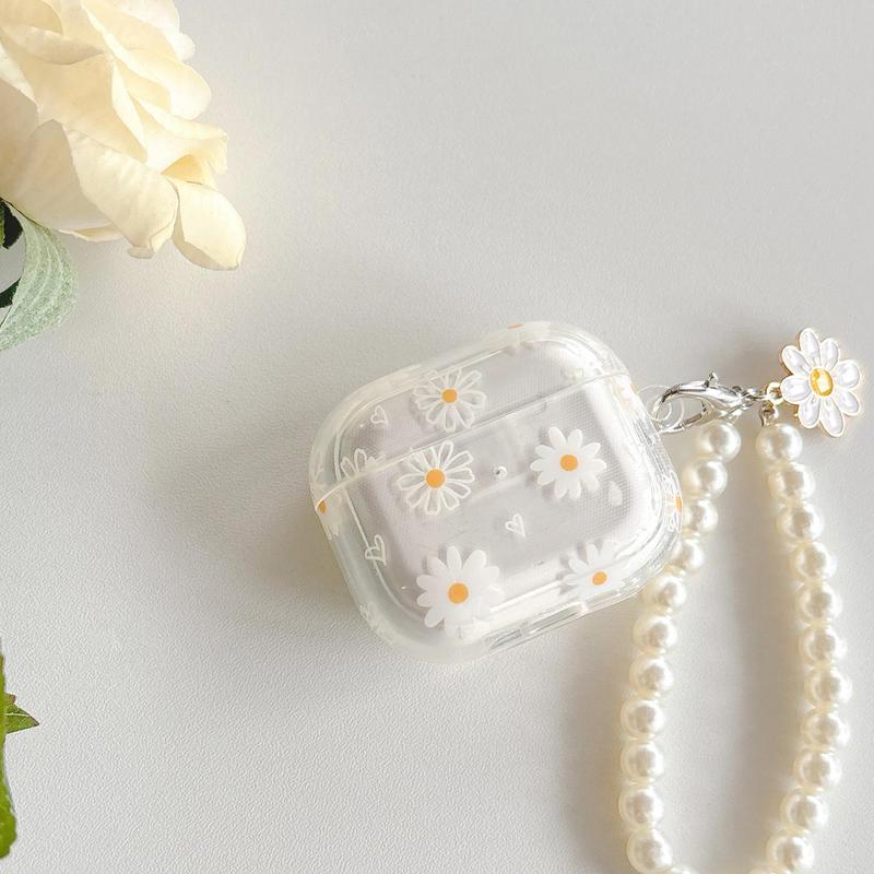 Flower Pattern Earphone Case with Faux Pearl Decor Keychain, Decorative Earphone Protector Cover, Cute Earphone Case for Airpods 1 2 3 Pro Pro 2