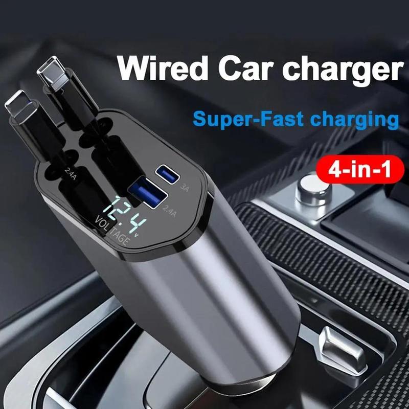 Portable Charger for Car, USB PD Retractable Car Charger for iPhone Android, Multi-functional Car Phone Charger with Digital Display, 4 In 1 Car Charger, Car Charging Station with Retractable Cable, Universal Car Charger