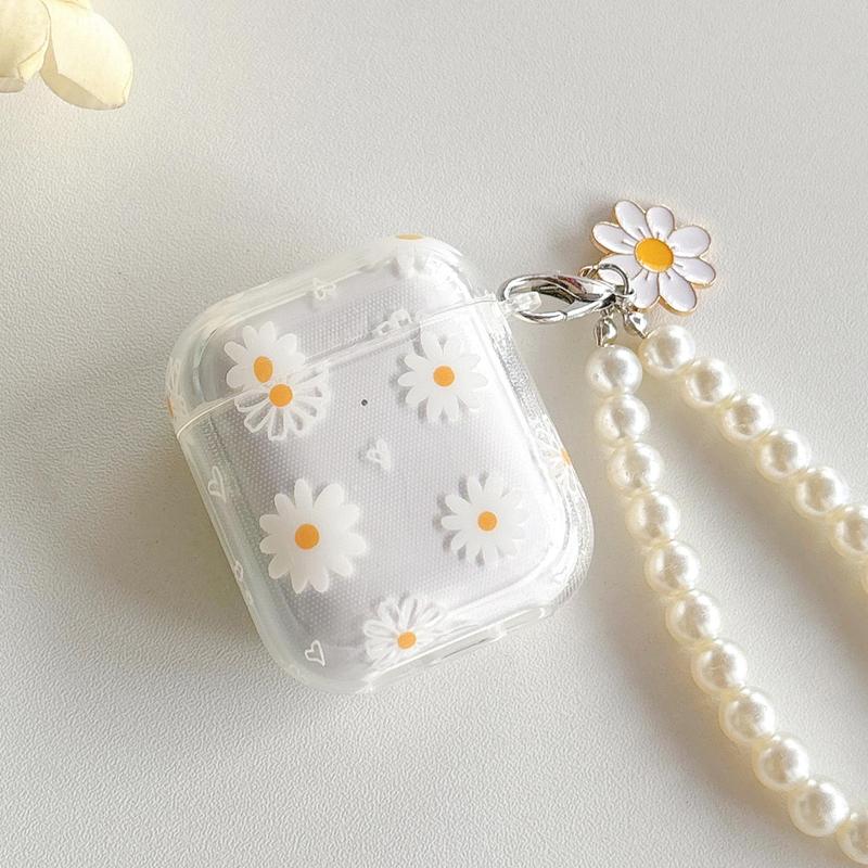 Flower Pattern Earphone Case with Faux Pearl Decor Keychain, Decorative Earphone Protector Cover, Cute Earphone Case for Airpods 1 2 3 Pro Pro 2