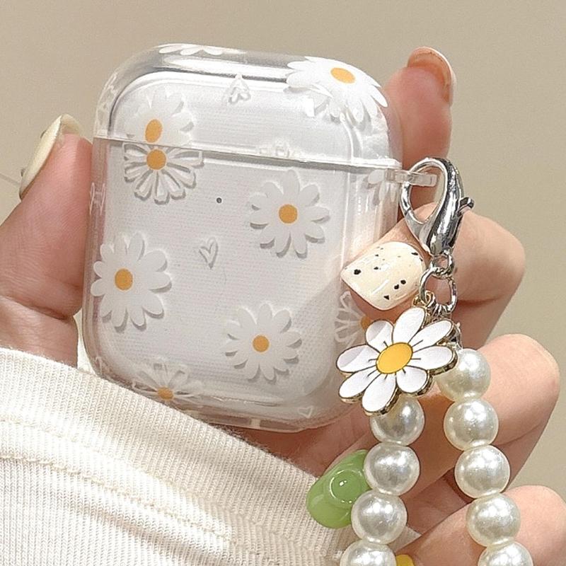 Flower Pattern Earphone Case with Faux Pearl Decor Keychain, Decorative Earphone Protector Cover, Cute Earphone Case for Airpods 1 2 3 Pro Pro 2