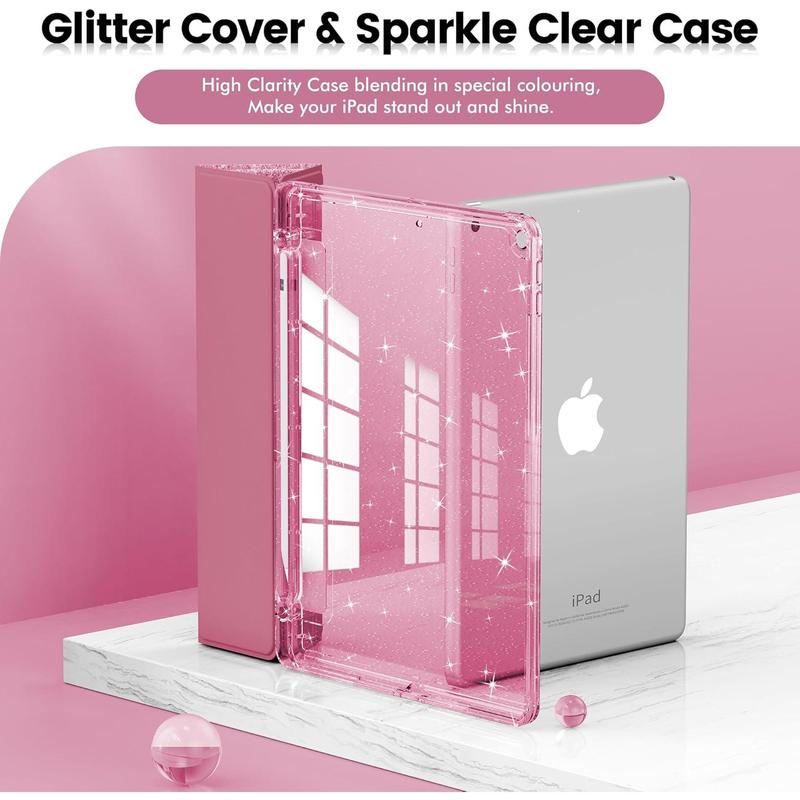 for iPad 9th Generation 2021  iPad 8th Generation 2020  iPad 7th Generation 2019 Case 10.2 inch, Glitter Cover with Clear , Pencil Holder for  Girls, Pink