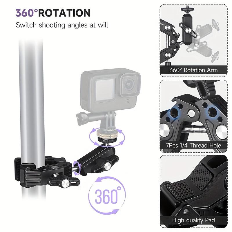 Multi-functional camera clip set with 360° swivel magic arm, dual ball head adapter and ARRI hole - Includes phone mount and sports camera mount - Lightweight aluminum for Canon, Nikon, GoPro, LED lights and more