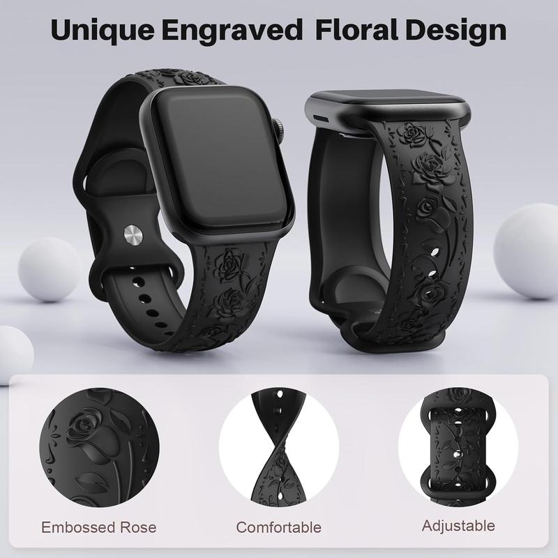 Floral Engraved Band Compatible with Apple Band 40mm 41mm 38mm 42mm 44mm 45mm 46mm 49mm Women, Soft Silicone Cute Embossed Flower Strap for iWatch Band Series SE Ultra 10 9 8 7 6 5 4 3 2 1