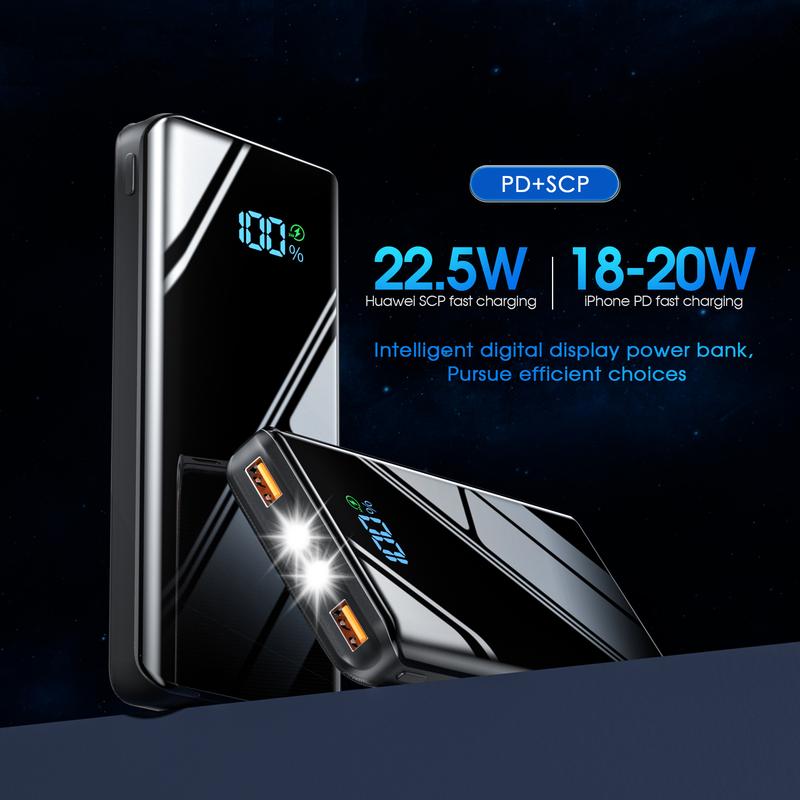 Power Bank 20000mAh, External Charger USB C 20W SCP 22.5W Quick Charge Function, Slim Design Powerful Powerbank with Flashlight and LED Display for Smartphone, Tablet, Fall Camping