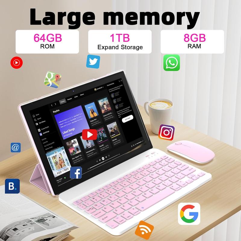 2024 Newest Android 14.0, 10.1 Inch Tablet with Keyboard Case, 8GB+64GB ROM 1TB Expand Tablets, Quad Core, HD Touch Screen, Dual Carema, , 2.4G 5G  6, BT,  GMS Certified