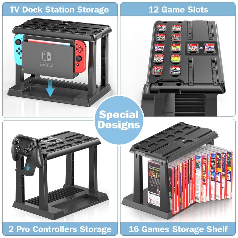 Switch Games Organizer Station with Controller Charger, Charging Dock for Switch & OLED Joycons, Switch Mounts, Brackets & Stands for Games, TV Dock, Pro Controller, Accessories Kit Storage