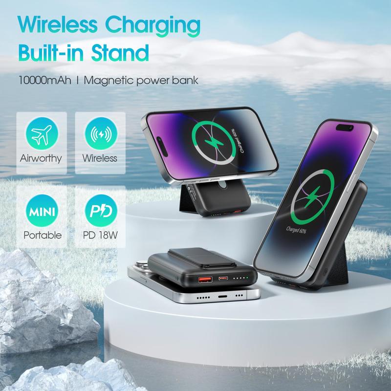 10000mAh Magnetic Wireless Charging Power Bank, with Folding Stand, PD3.0 QC4.0 22.5W Fast Charging, Portable Mobile Phone Charger for iPhone, Galaxy, Phone Accessories, Stocking Fillers Gift