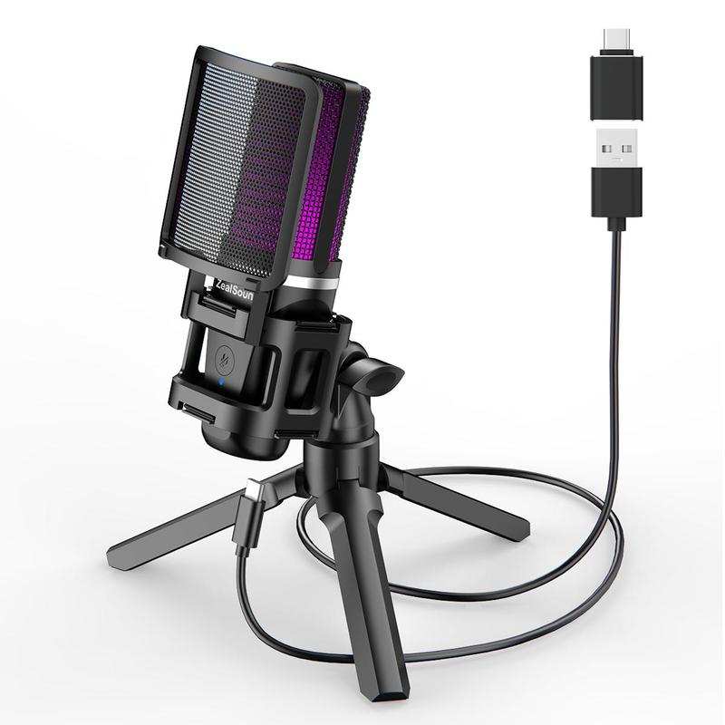 USB Audio Microphone with RGB Light & Tripod Stand, USB Type-C Microphone for Phone, Computer Microphone, Condenser Gaming Microphone, Compatible with PC & Type-C Interface Devices, Suitable for Recording, Gaming, Meeting, Men Gifts