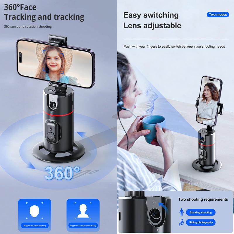 Auto Face Tracking Tripod, No App Required, 360° Rotation Face Body Phone Camera Mount Smart Shooting Phone Tracking Holder for Live Vlog Streaming Video, Rechargeable Battery Accessories Selfie Smartphone Cellphone